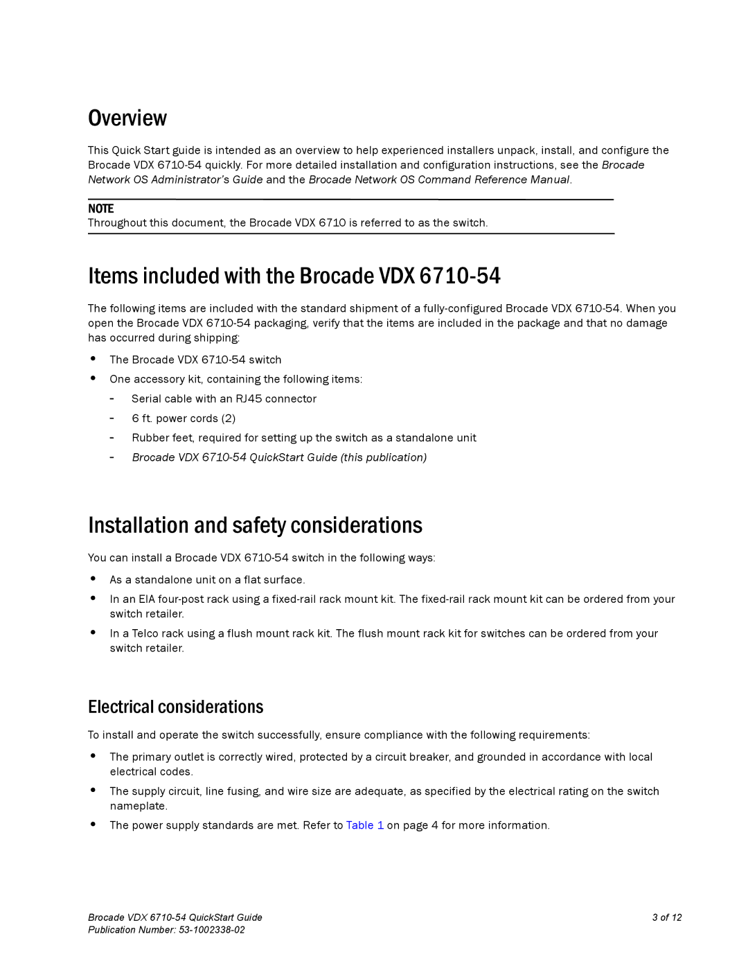 Brocade Communications Systems 6710-54 quick start Overview, Items included with the Brocade VDX, Electrical considerations 