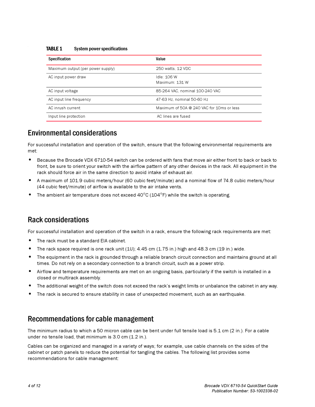 Brocade Communications Systems 6710-54 quick start Environmental considerations, Rack considerations 