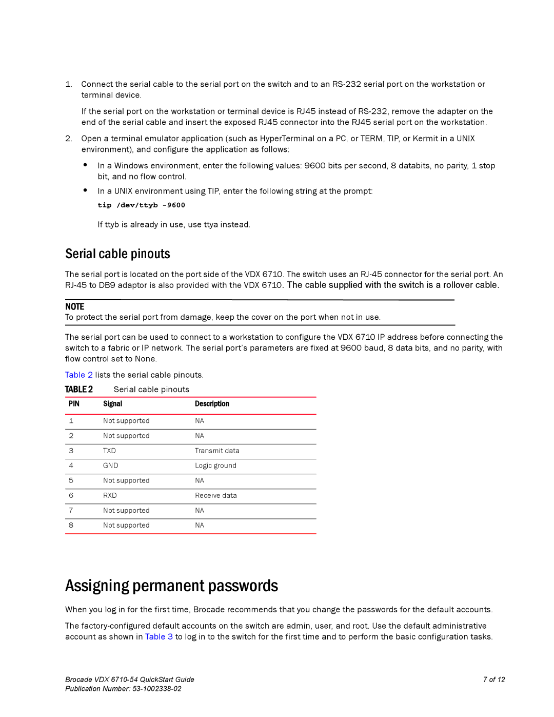 Brocade Communications Systems 6710-54 quick start Assigning permanent passwords, Serial cable pinouts 