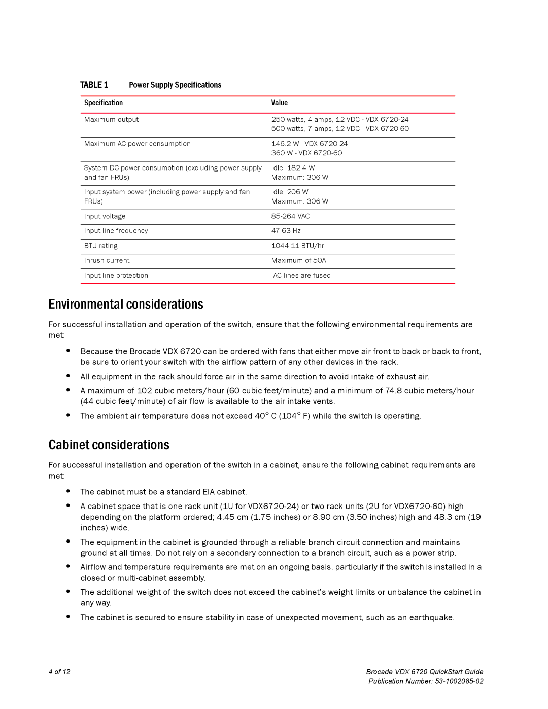 Brocade Communications Systems 6720 quick start Environmental considerations, Cabinet considerations 