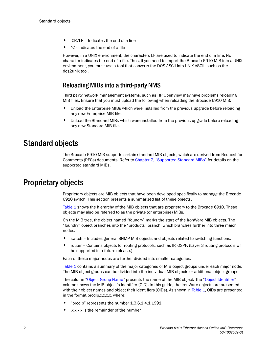 Brocade Communications Systems 6910 manual Standard objects, Proprietary objects, Reloading MIBs into a third-party NMS 