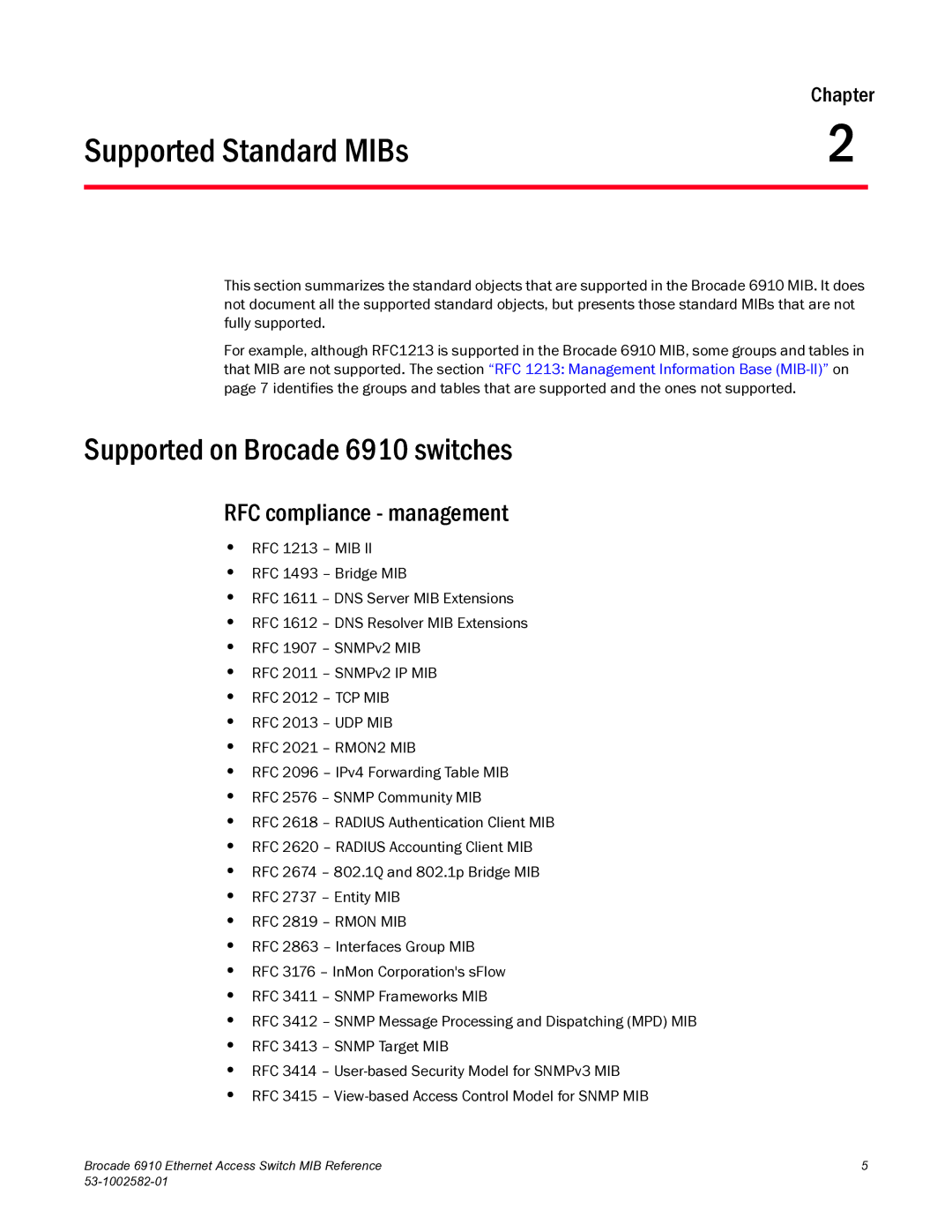 Brocade Communications Systems Supported Standard MIBs, Supported on Brocade 6910 switches, RFC compliance management 