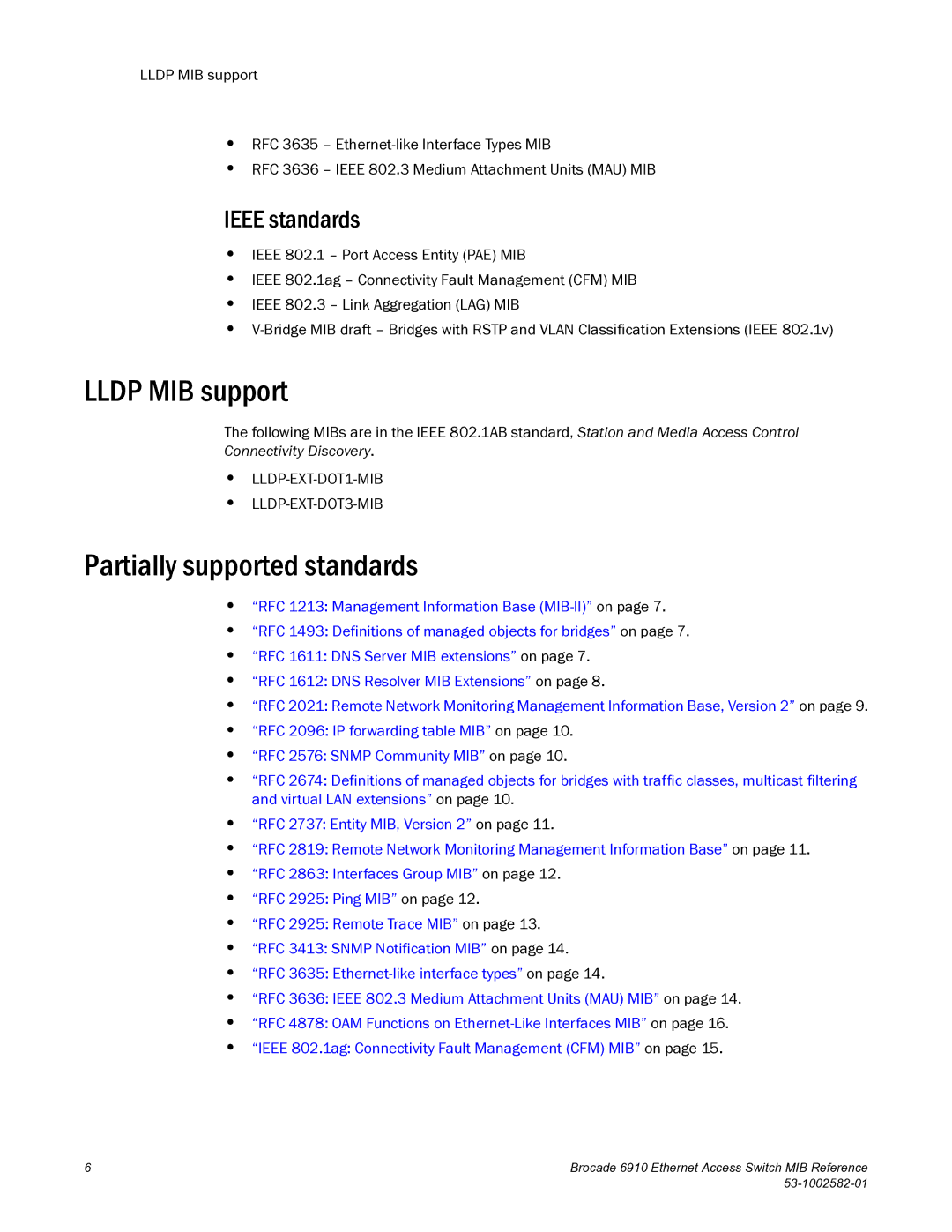 Brocade Communications Systems 6910 manual Lldp MIB support, Partially supported standards, Ieee standards 