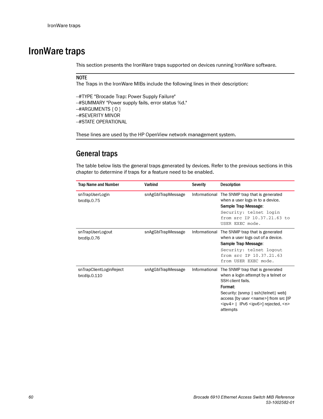 Brocade Communications Systems 6910 manual IronWare traps, General traps 