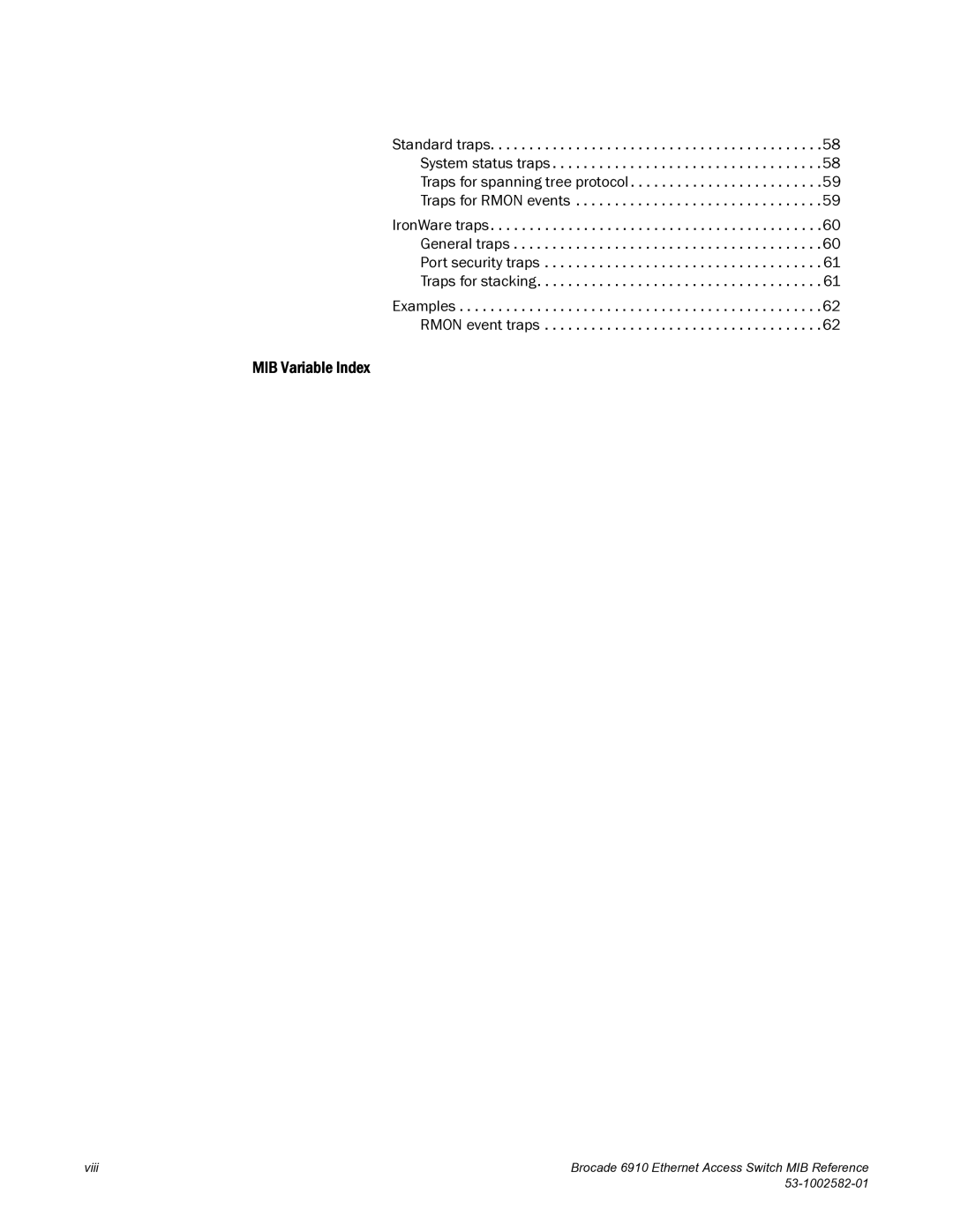 Brocade Communications Systems 6910 manual MIB Variable Index 