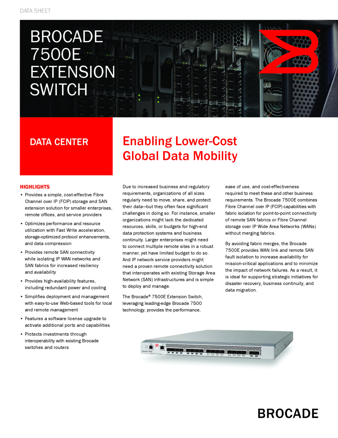 Brocade Communications Systems manual Brocade 7500E extension switch, Highlights 