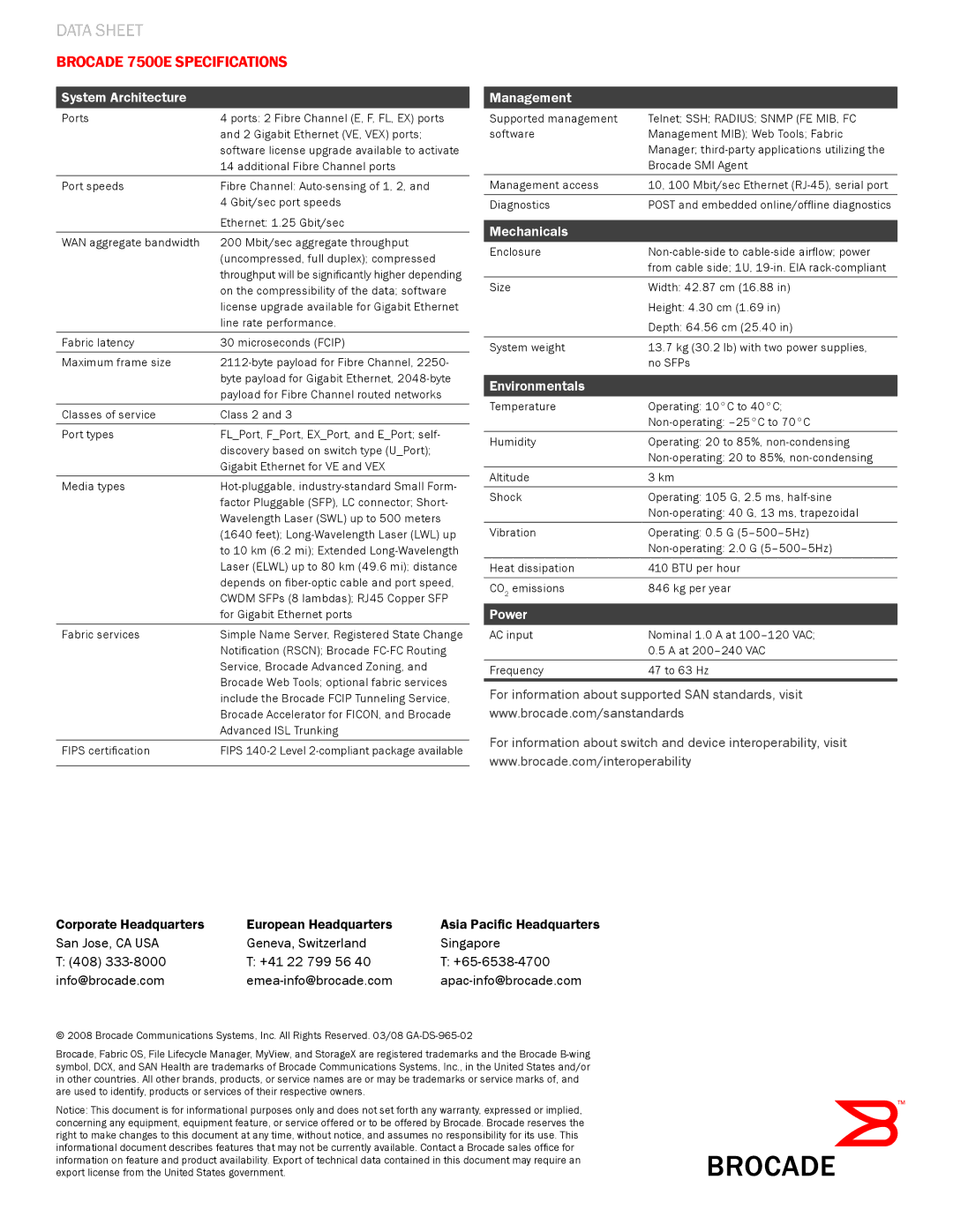 Brocade Communications Systems manual Brocade 7500E Specifications, System Architecture 