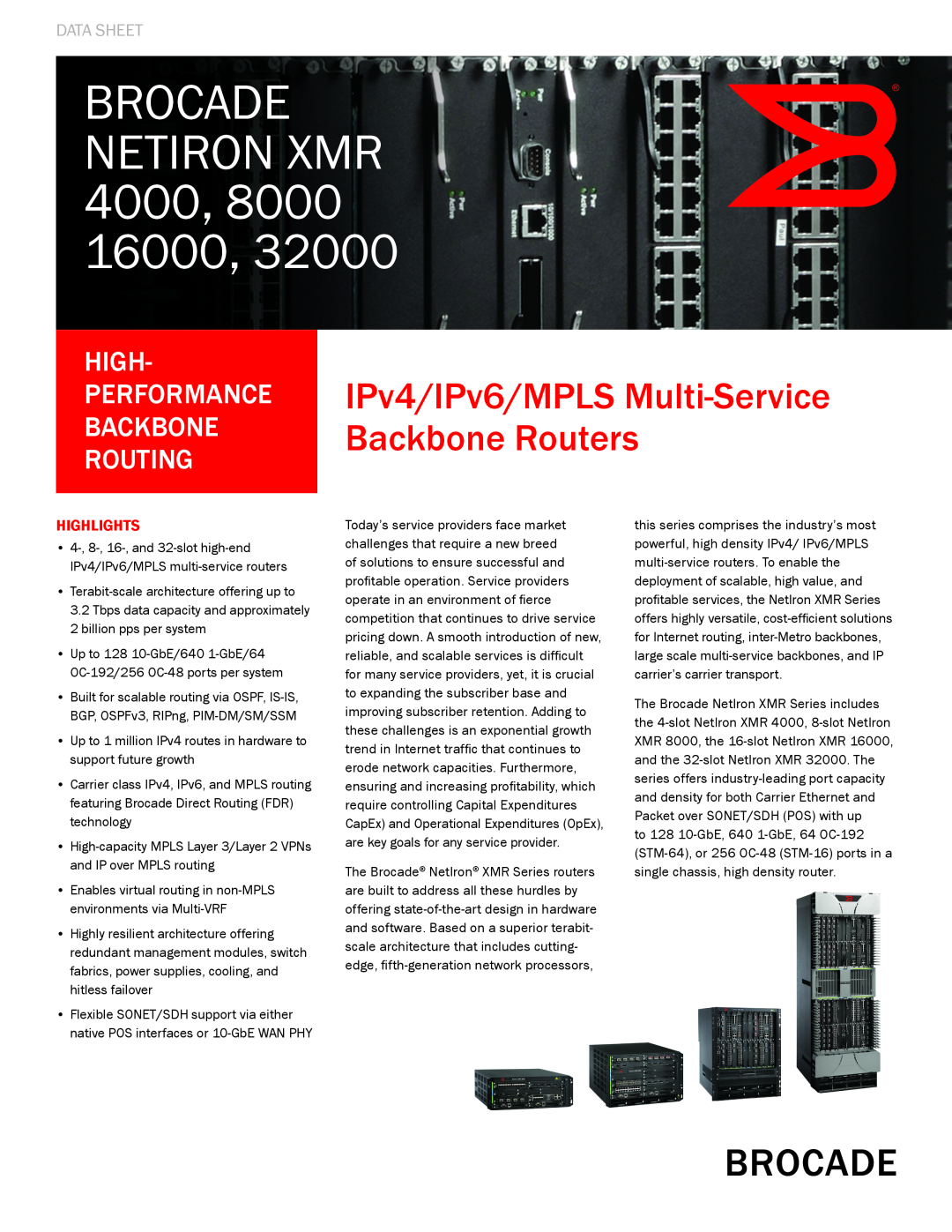 Brocade Communications Systems 32000, 16000 manual Data Sheet, Highlights, BROCADE NETIRON XMR 4000, 8000 