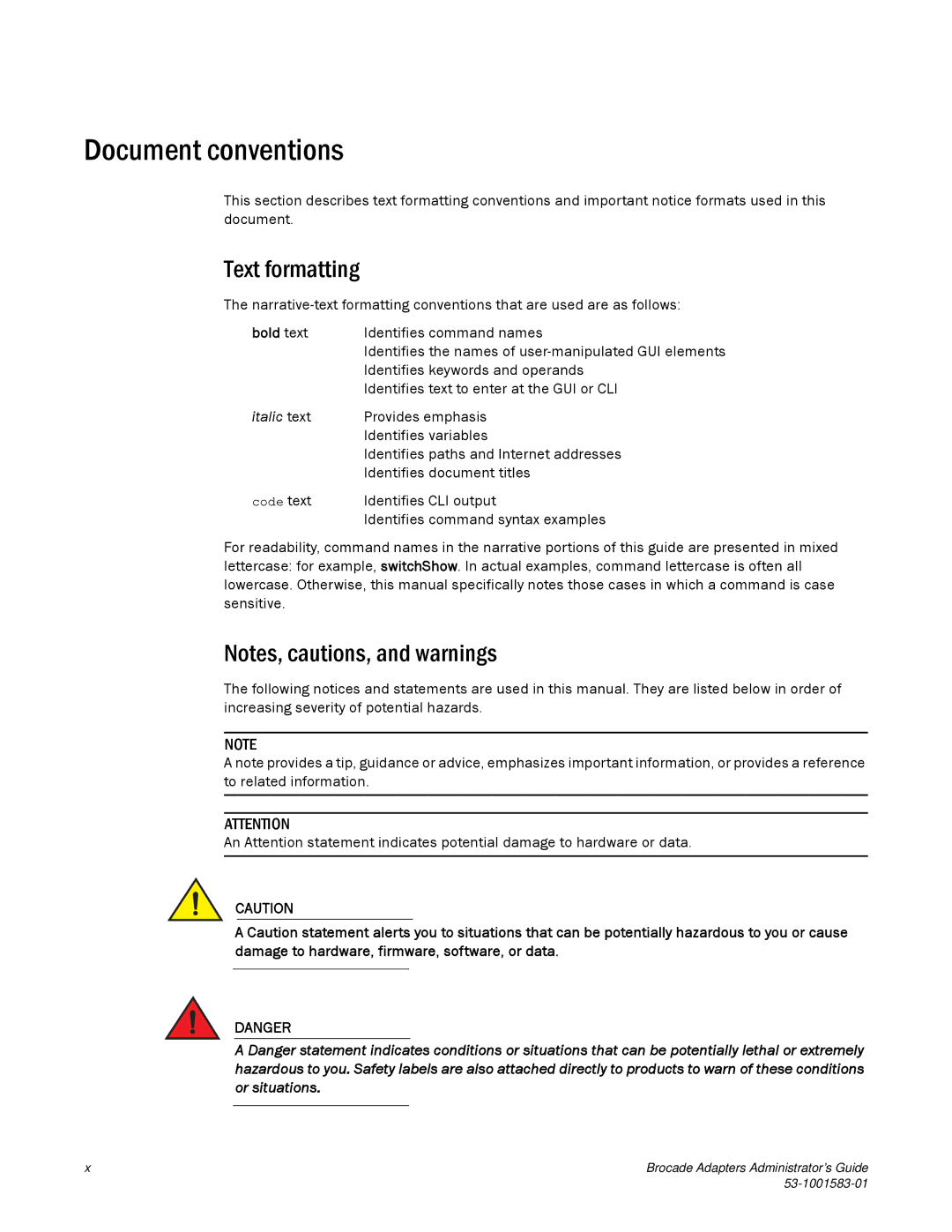 Brocade Communications Systems 804 manual Document conventions, Text formatting, Bold text, Italic text 