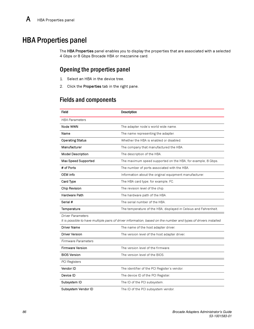 Brocade Communications Systems 804 manual HBA Properties panel 