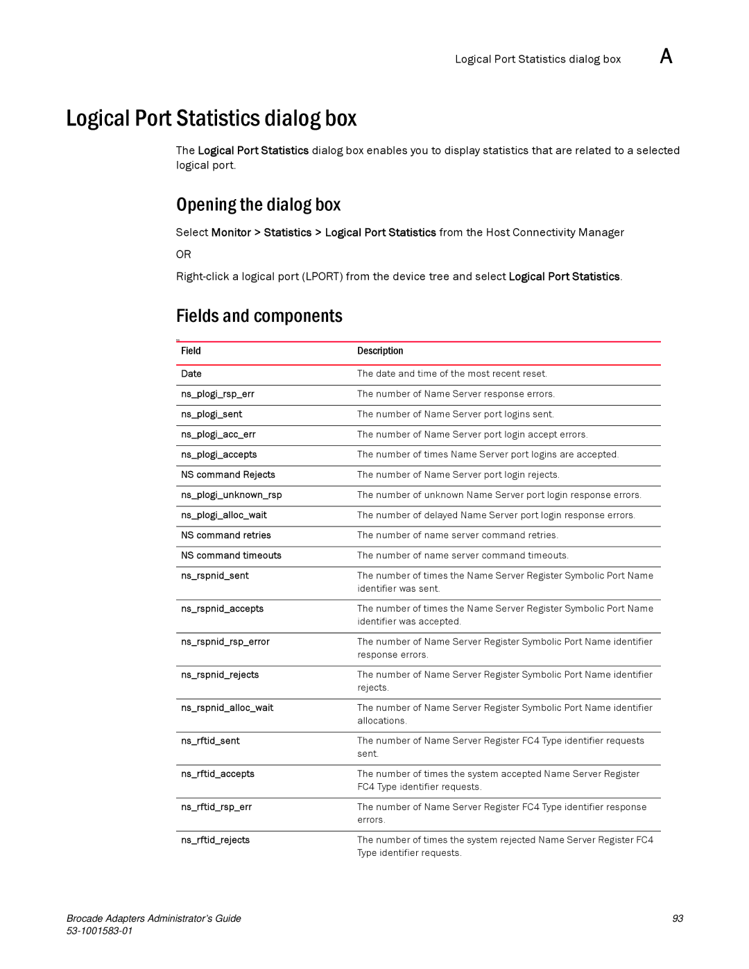 Brocade Communications Systems 804 manual Logical Port Statistics dialog box 