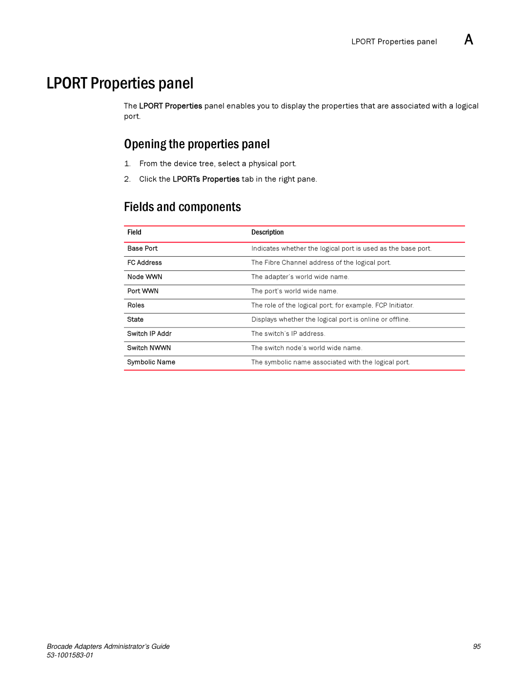 Brocade Communications Systems 804 manual Lport Properties panel, Opening the properties panel 