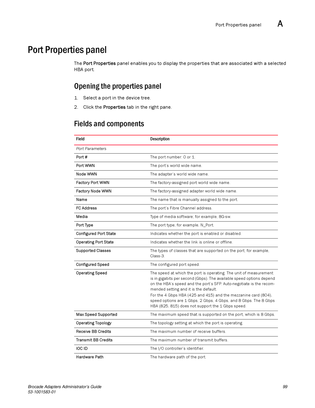 Brocade Communications Systems 804 manual Port Properties panel, Operating Speed 