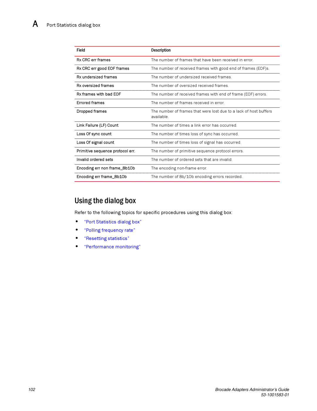 Brocade Communications Systems 804 Rx CRC err frames, Rx CRC err good EOF frames, Rx undersized frames, Errored frames 