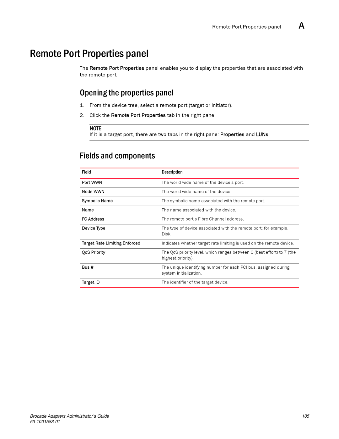 Brocade Communications Systems 804 manual Remote Port Properties panel 