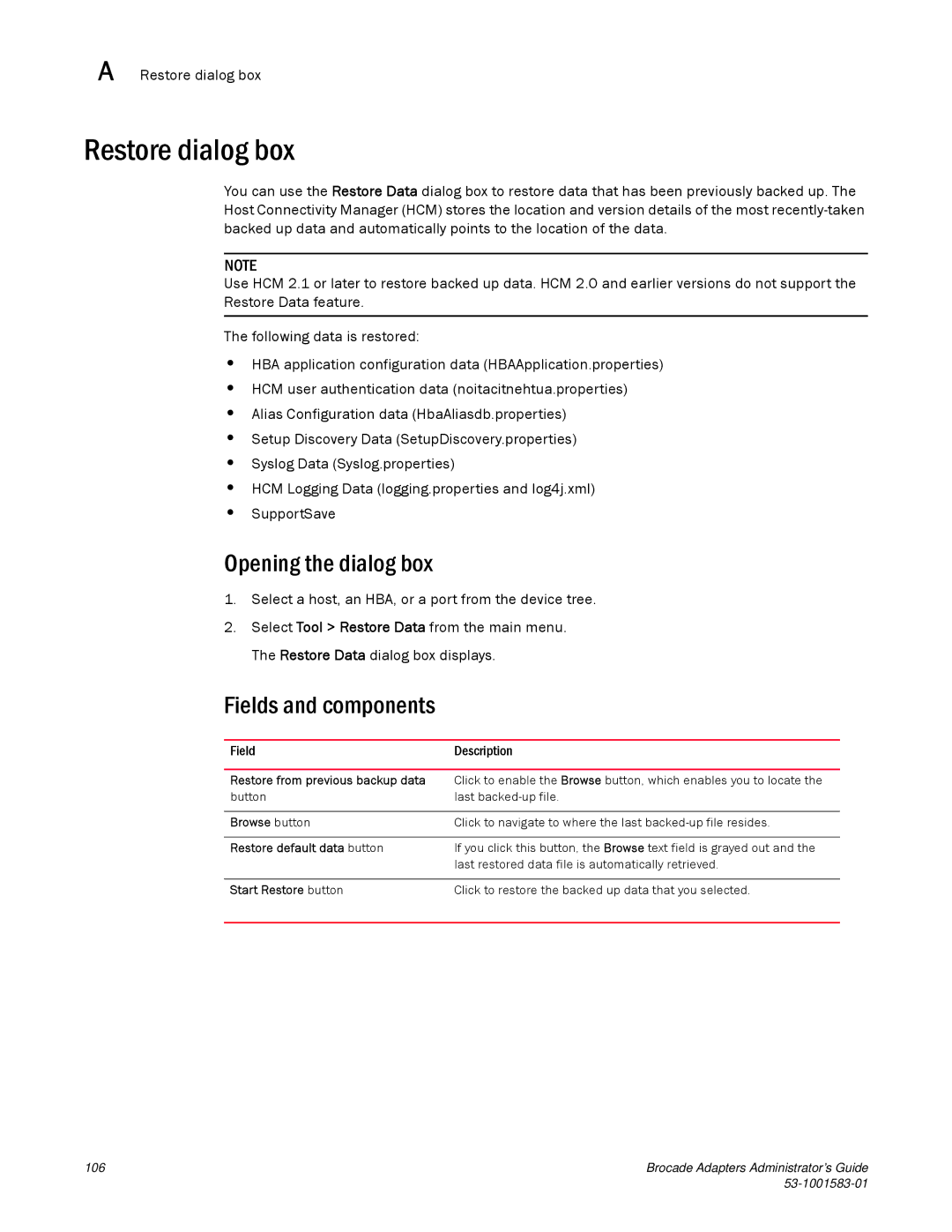 Brocade Communications Systems 804 Restore dialog box, Restore from previous backup data, Restore default data button 