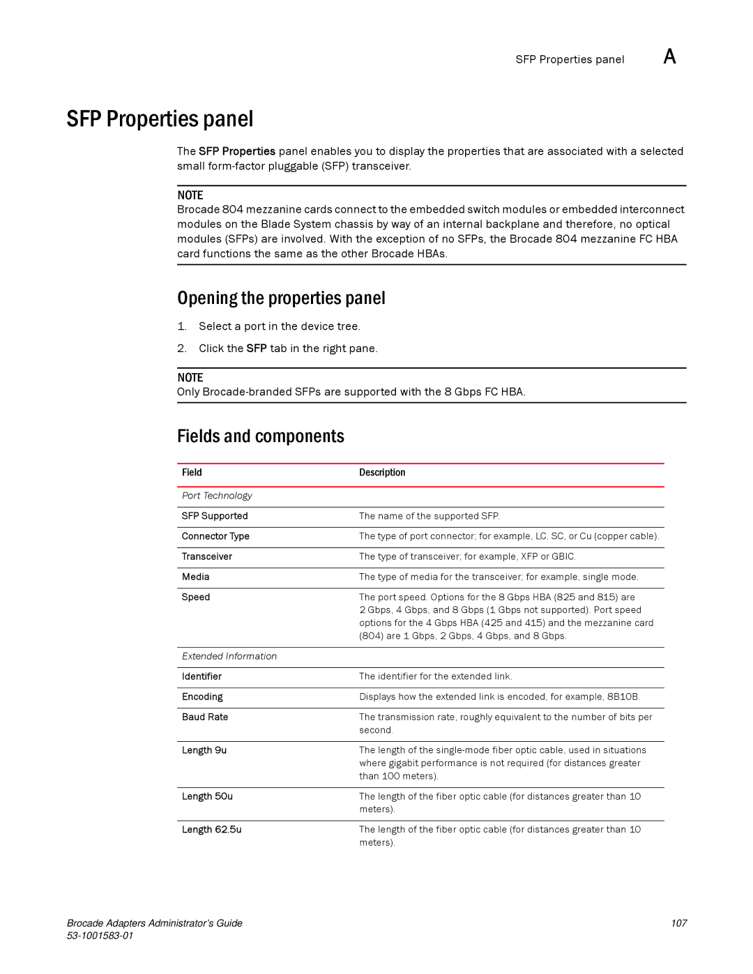 Brocade Communications Systems 804 manual SFP Properties panel, Speed 