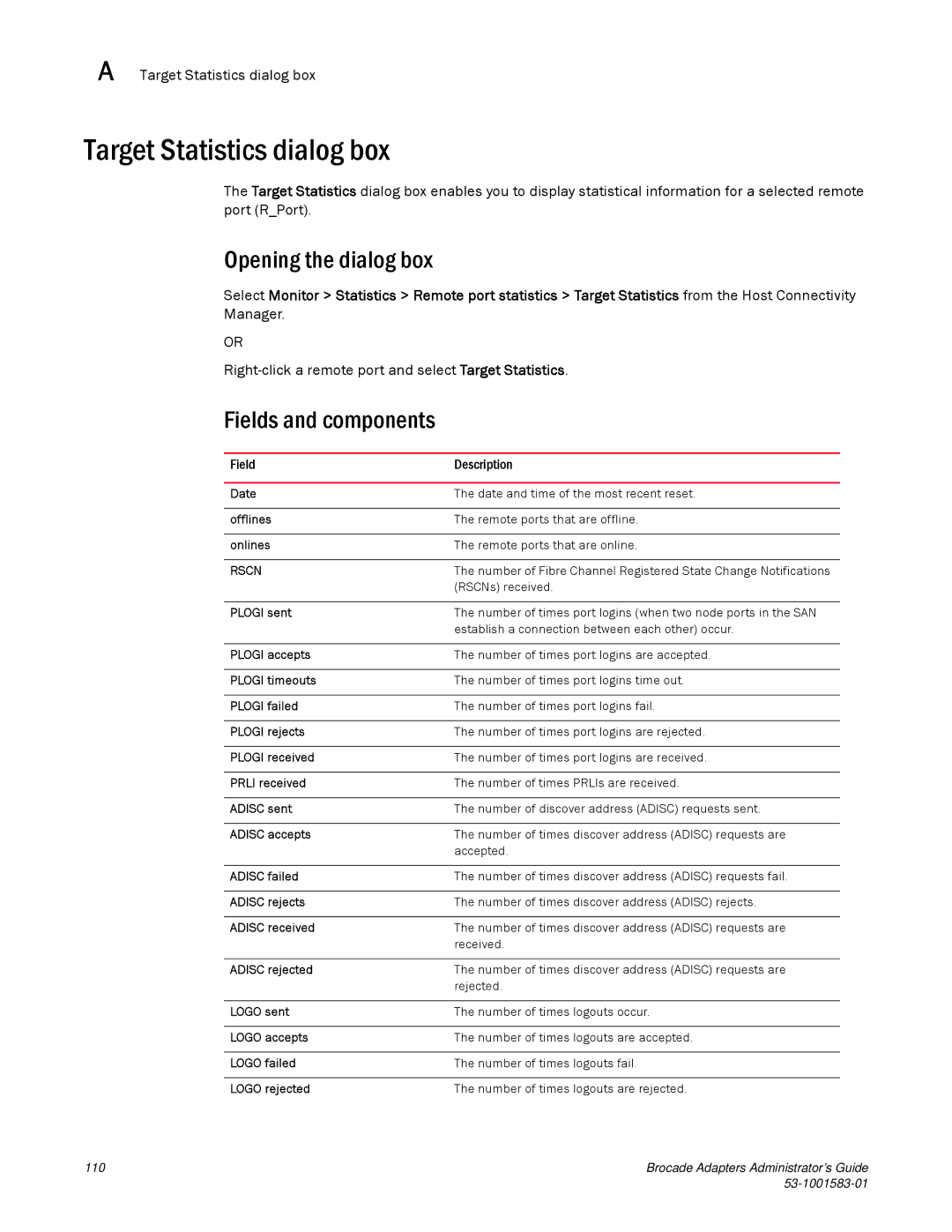 Brocade Communications Systems 804 manual Target Statistics dialog box 