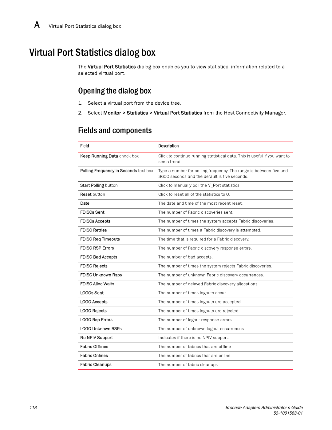 Brocade Communications Systems 804 manual Virtual Port Statistics dialog box 