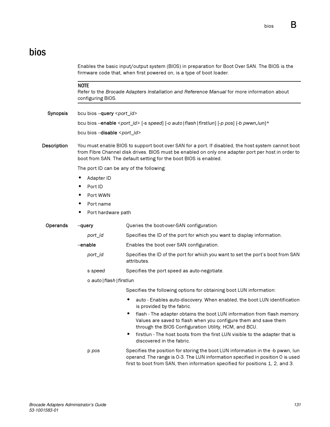 Brocade Communications Systems 804 manual Bios, Synopsis bcu bios --query portid, Operands Query 