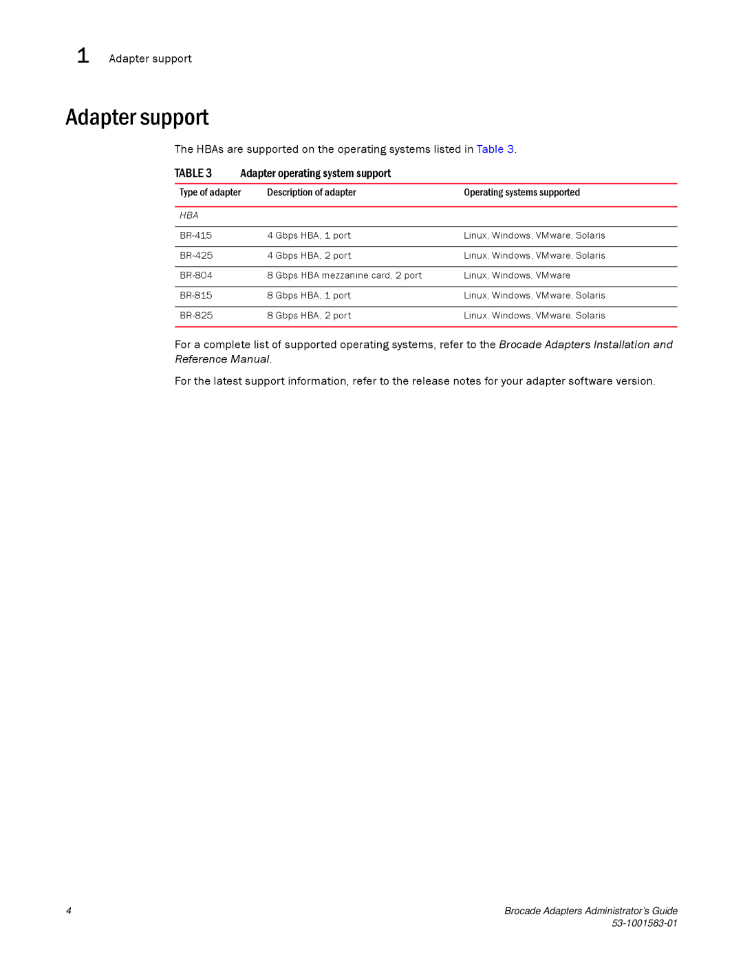 Brocade Communications Systems 804 manual Adapter support, Adapter operating system support 