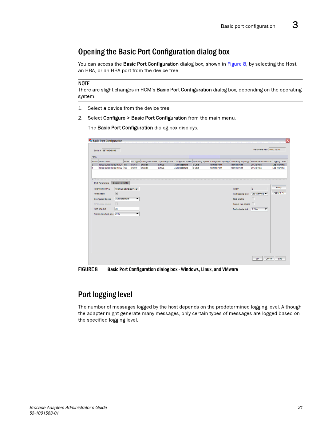 Brocade Communications Systems 804 manual Opening the Basic Port Configuration dialog box, Port logging level 