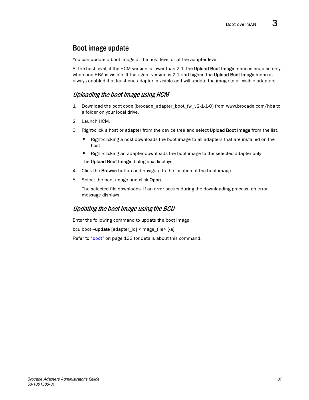 Brocade Communications Systems 804 manual Boot image update, Uploading the boot image using HCM 