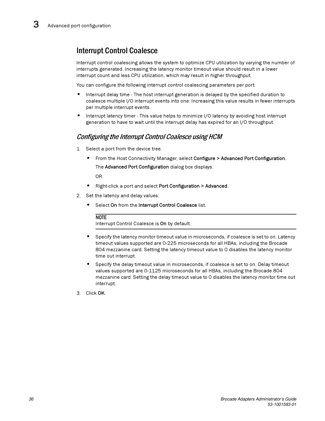 Brocade Communications Systems 804 manual Configuring the Interrupt Control Coalesce using HCM 