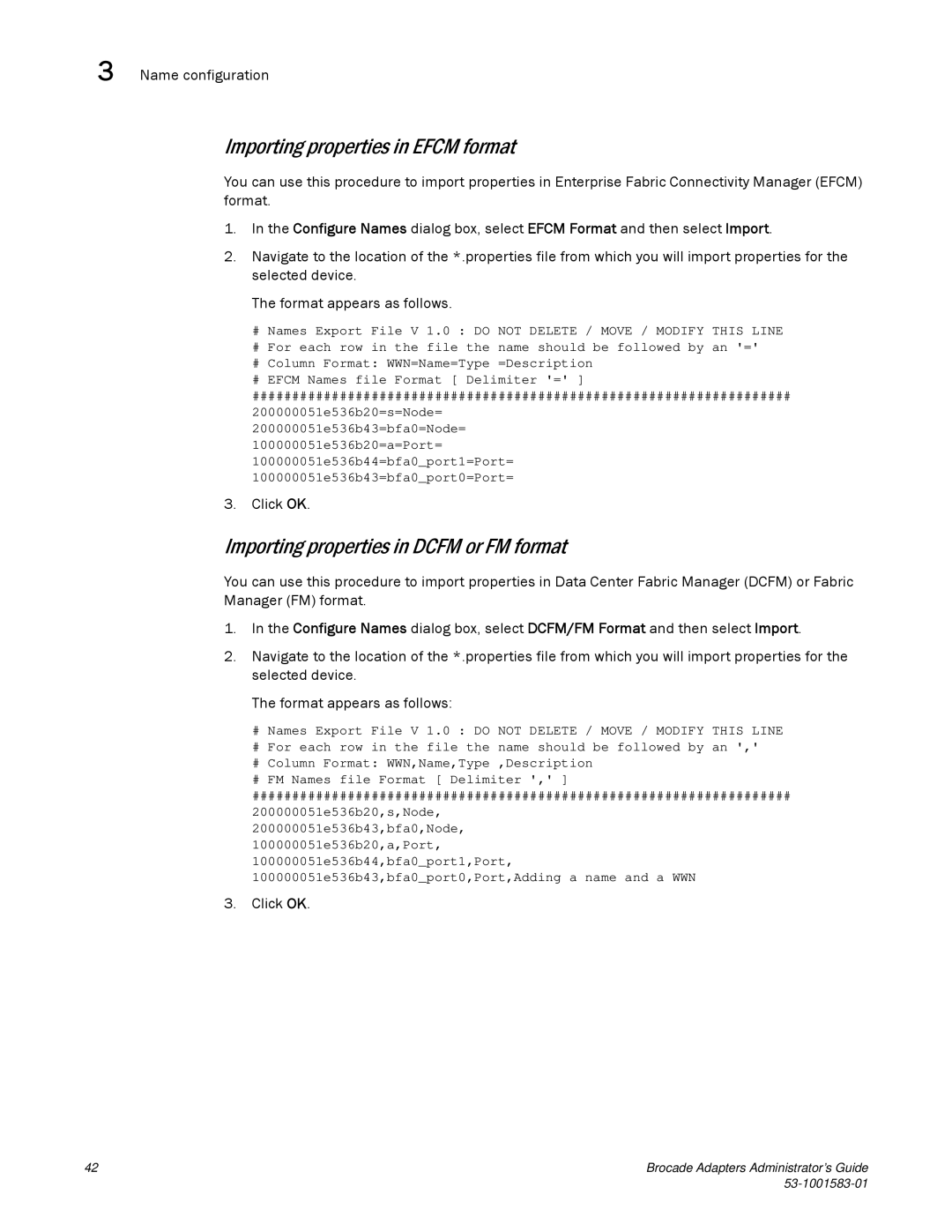 Brocade Communications Systems 804 manual Importing properties in Efcm format, Importing properties in Dcfm or FM format 