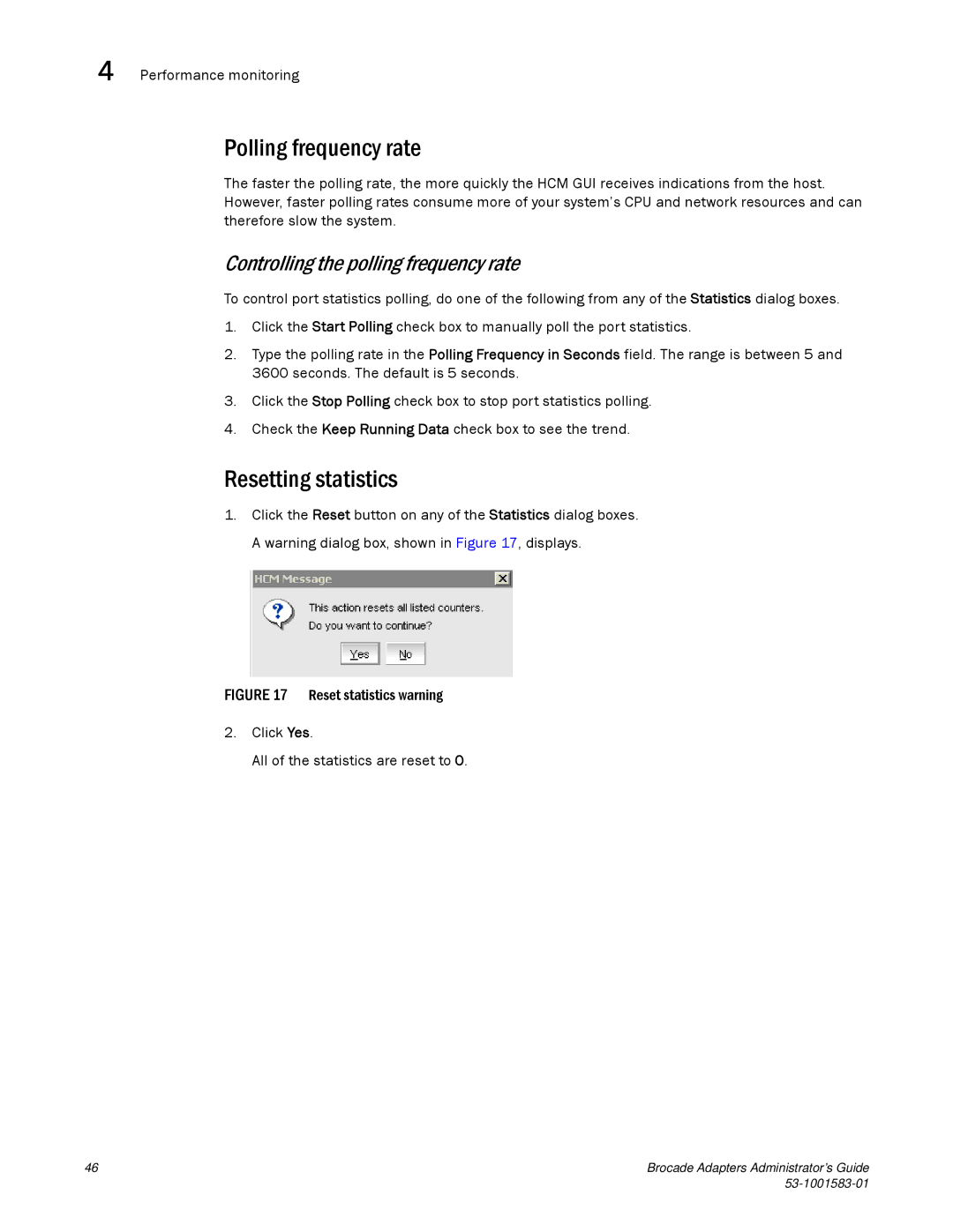 Brocade Communications Systems 804 Polling frequency rate, Resetting statistics, Controlling the polling frequency rate 