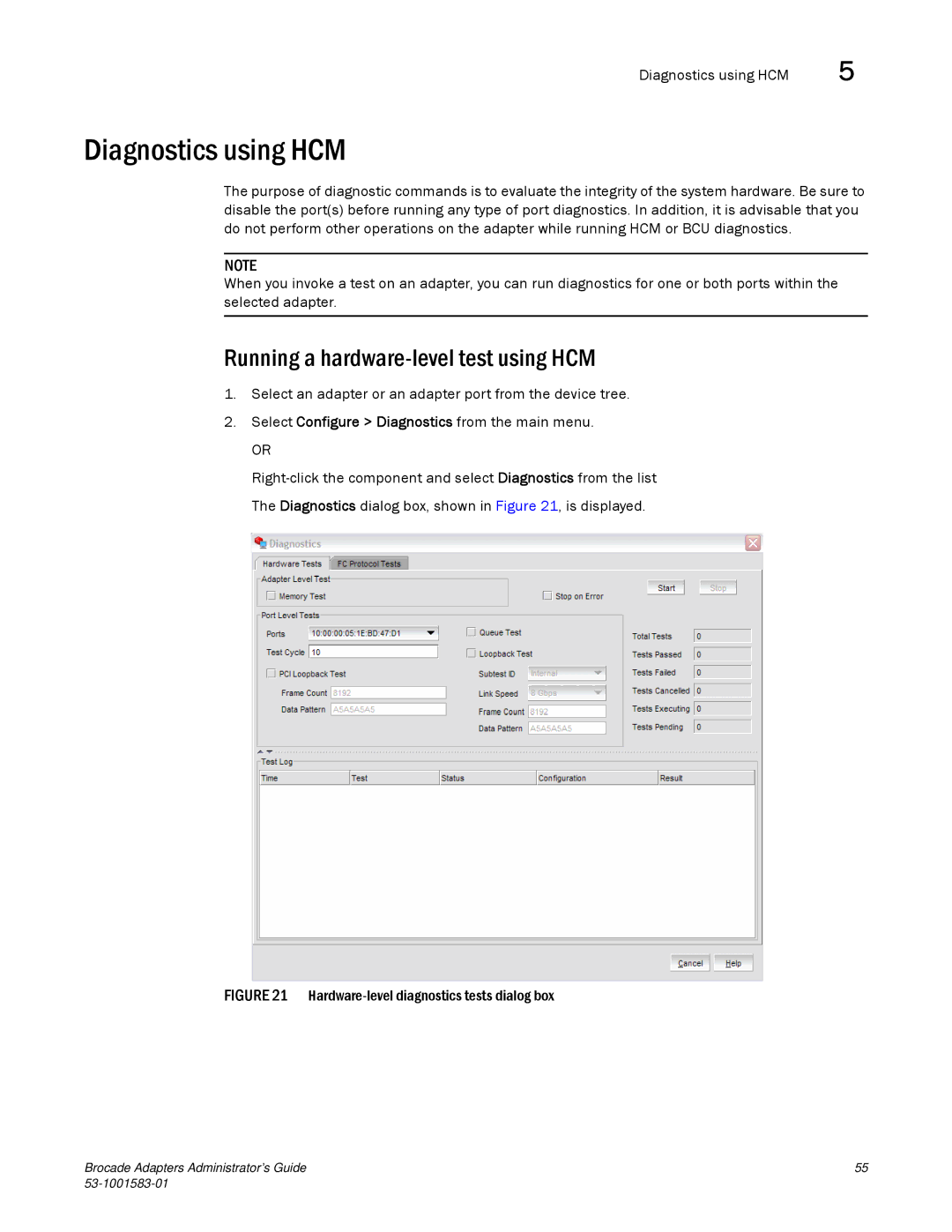 Brocade Communications Systems 804 manual Diagnostics using HCM, Running a hardware-level test using HCM 