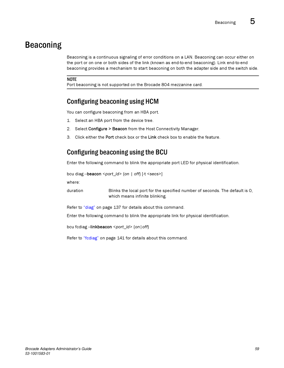 Brocade Communications Systems 804 manual Beaconing, Configuring beaconing using HCM, Configuring beaconing using the BCU 