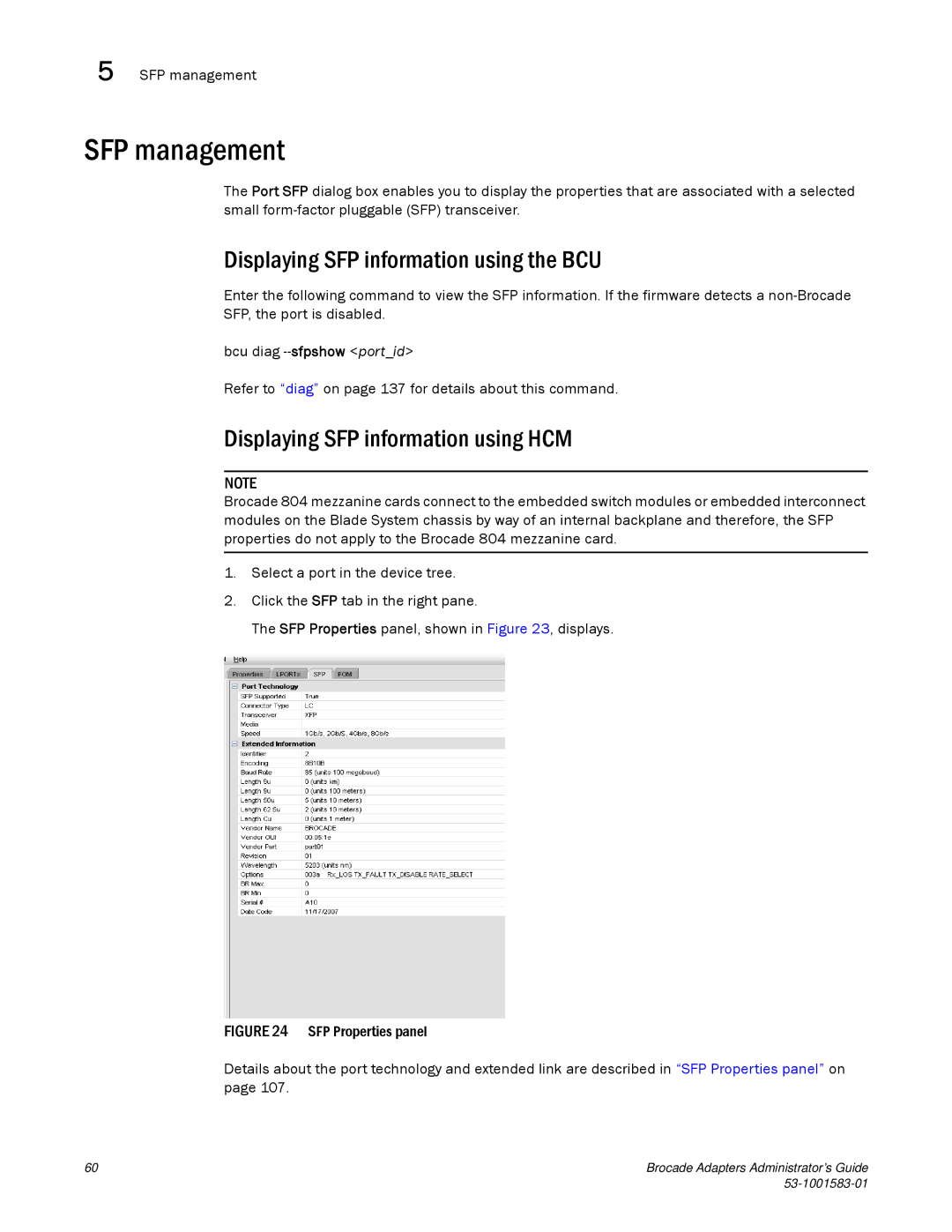 Brocade Communications Systems 804 manual SFP management, Displaying SFP information using the BCU 