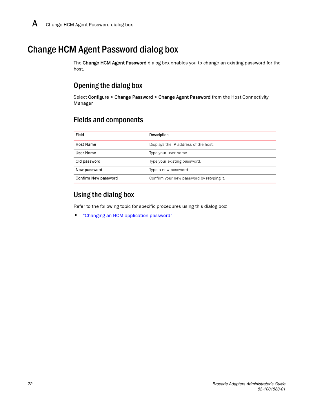 Brocade Communications Systems 804 manual Change HCM Agent Password dialog box 