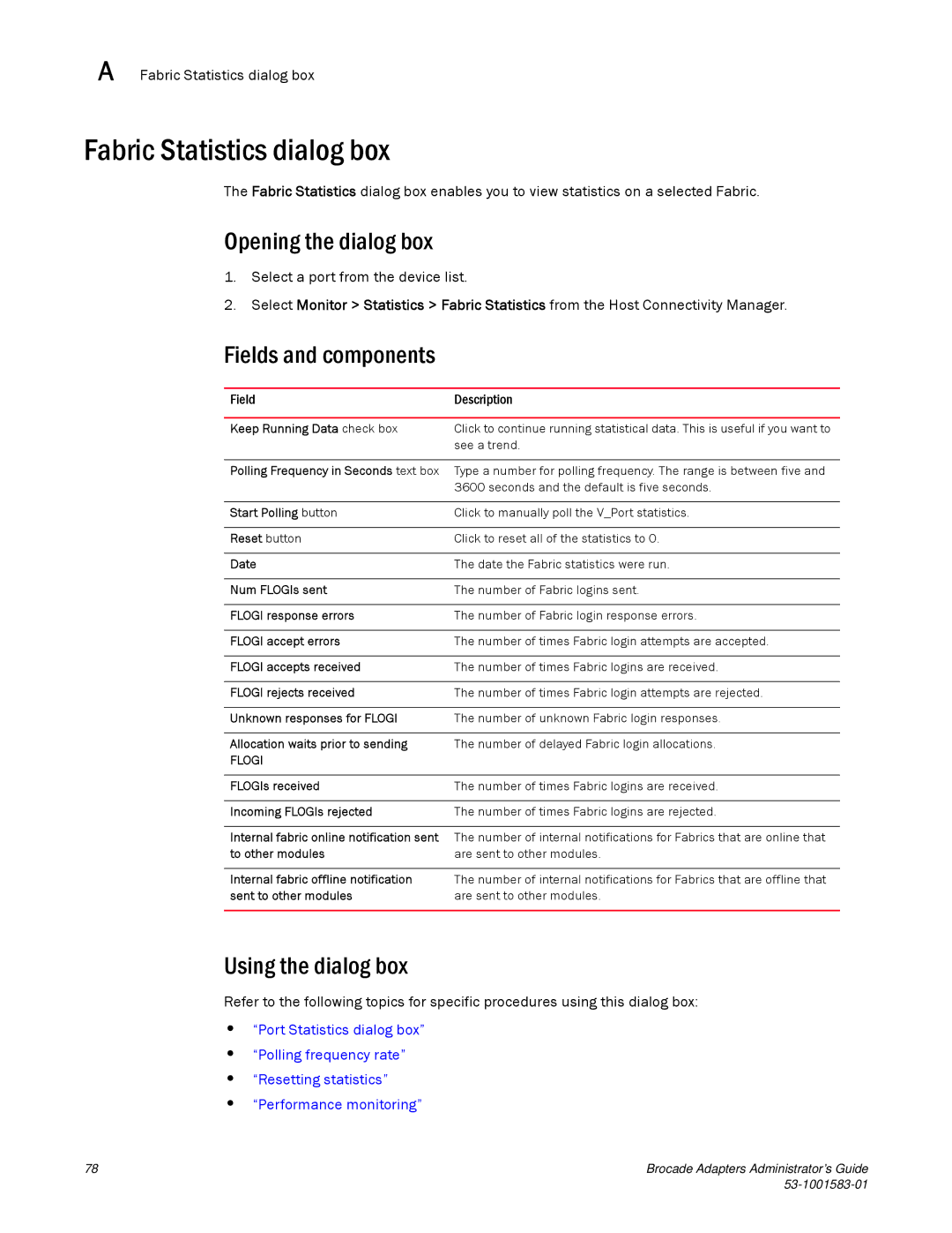 Brocade Communications Systems 804 manual Fabric Statistics dialog box 