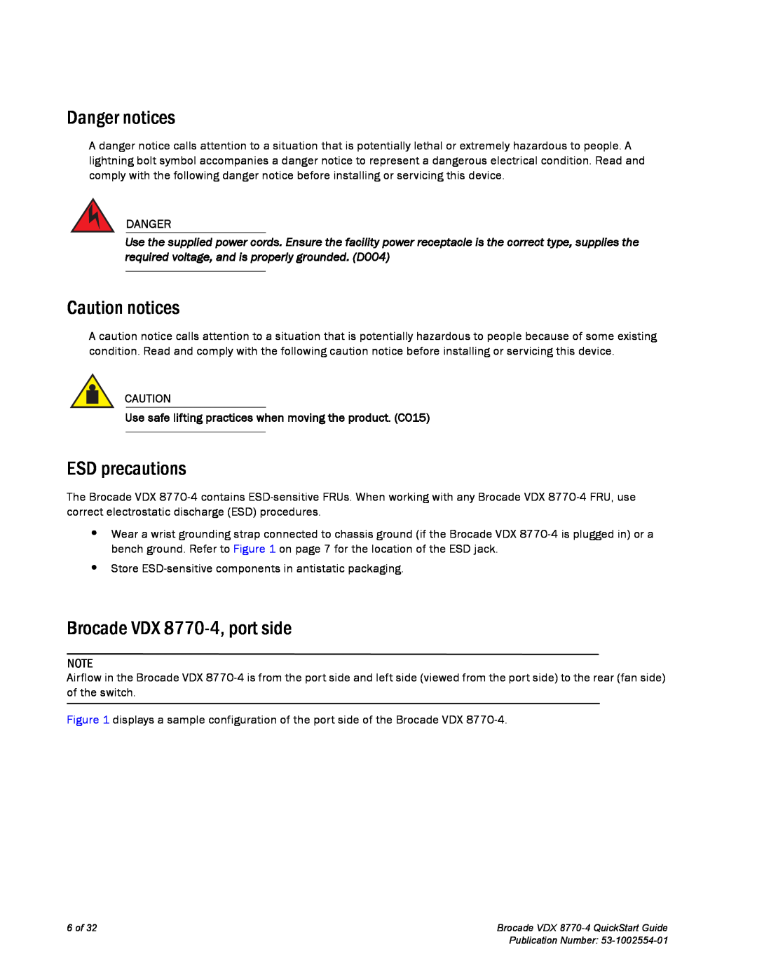 Brocade Communications Systems Danger notices, Caution notices, ESD precautions, Brocade VDX 8770-4, port side 