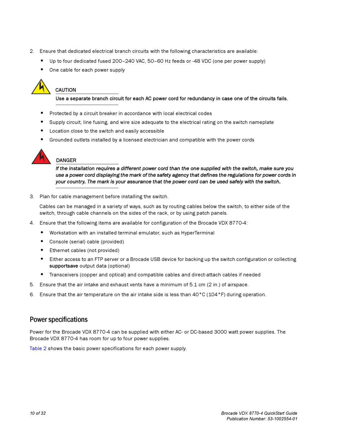 Brocade Communications Systems 8770-4 quick start Power specifications 