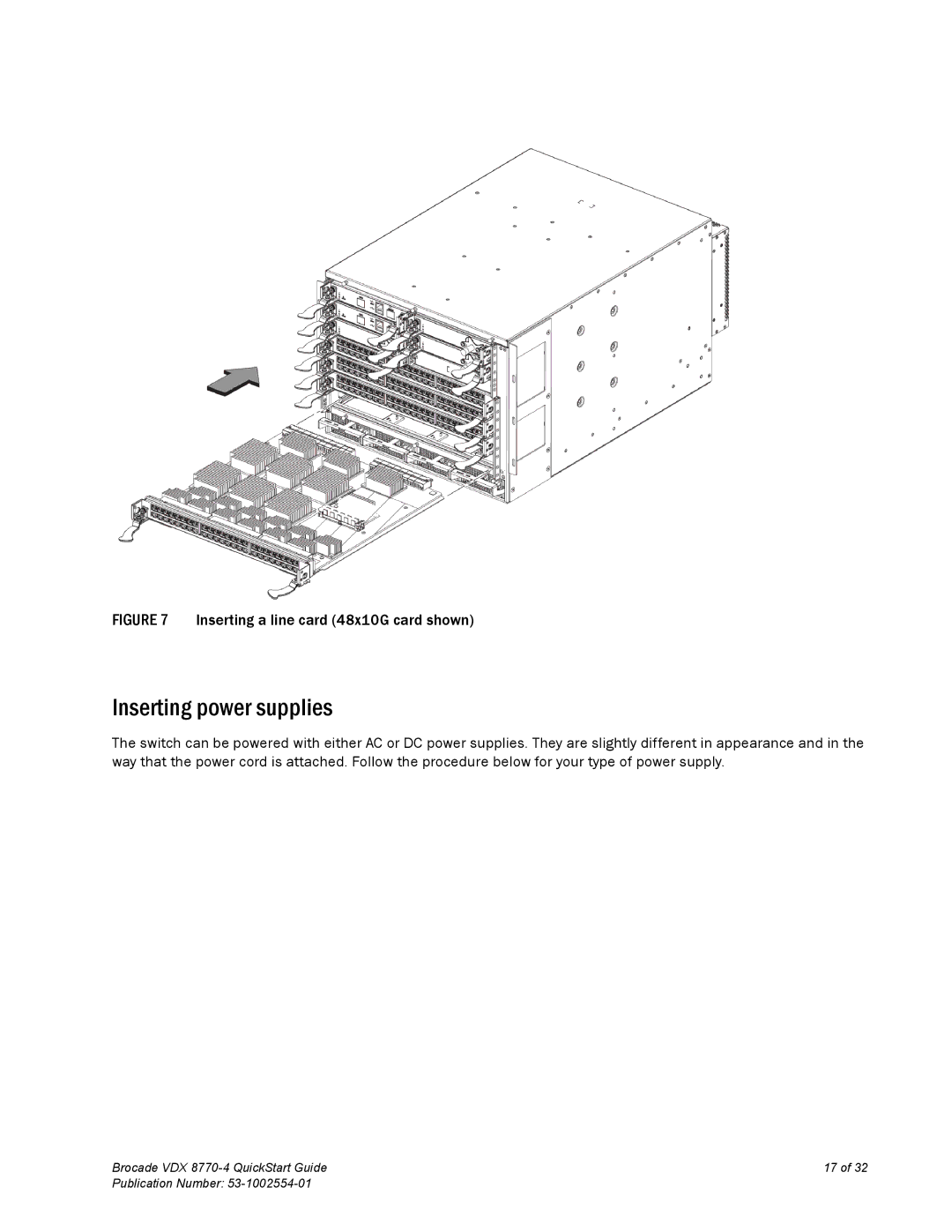 Brocade Communications Systems 8770-4 quick start Inserting power supplies, Inserting a line card 48x10G card shown 