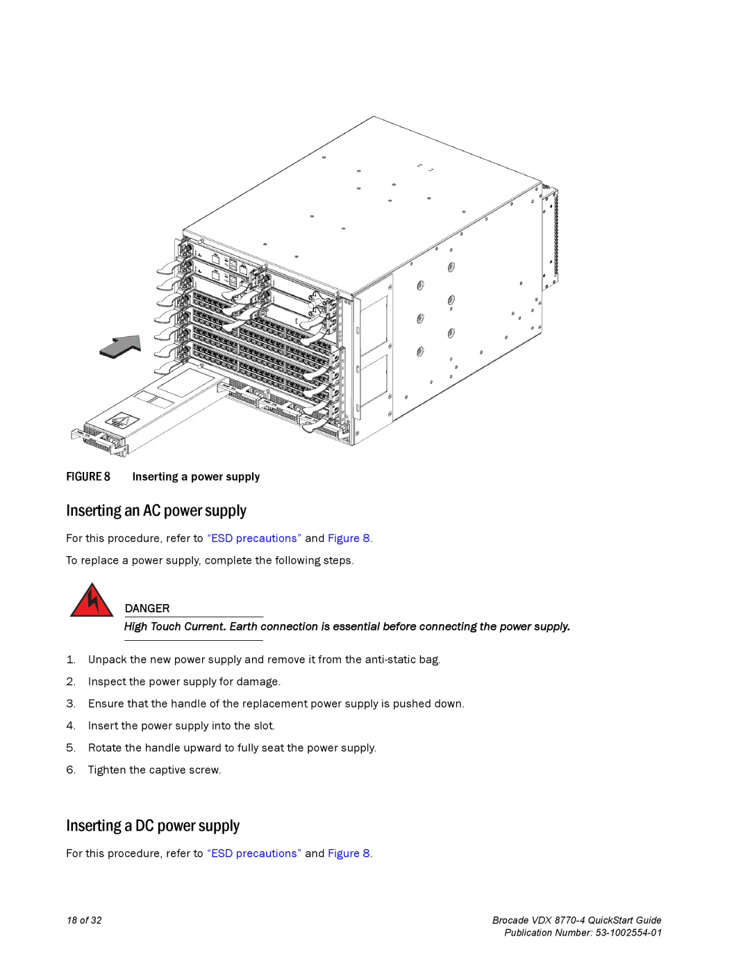 Brocade Communications Systems 8770-4 quick start Inserting an AC power supply, Inserting a DC power supply 