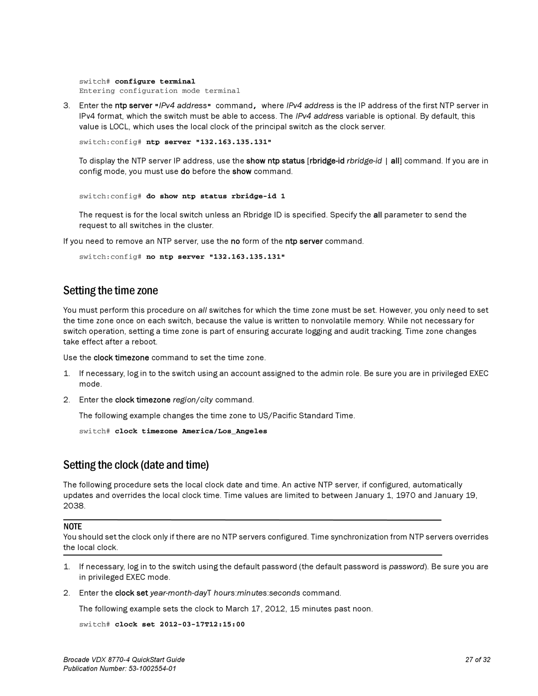 Brocade Communications Systems 8770-4 quick start Setting the time zone, Setting the clock date and time 