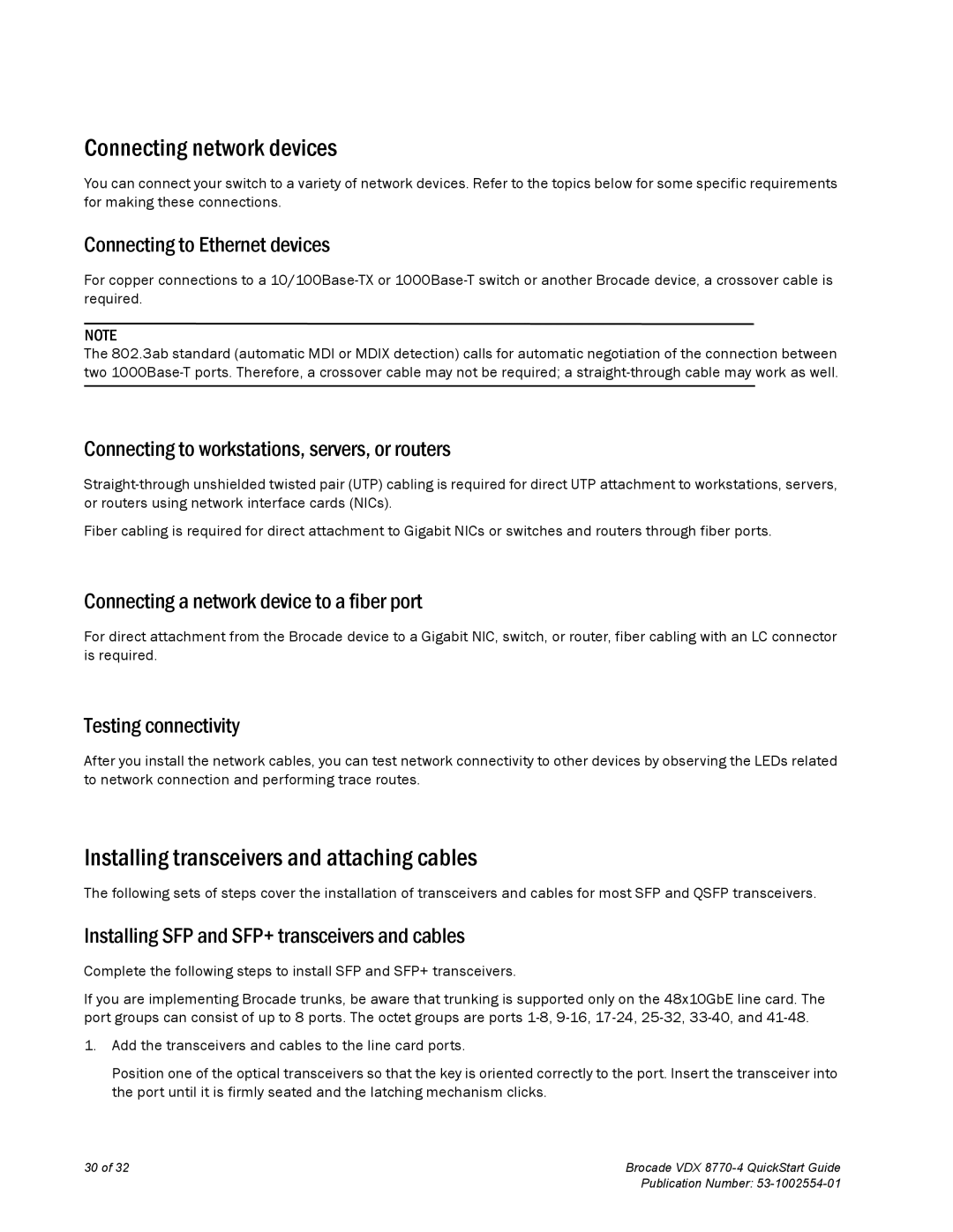 Brocade Communications Systems 8770-4 quick start Connecting network devices, Installing transceivers and attaching cables 