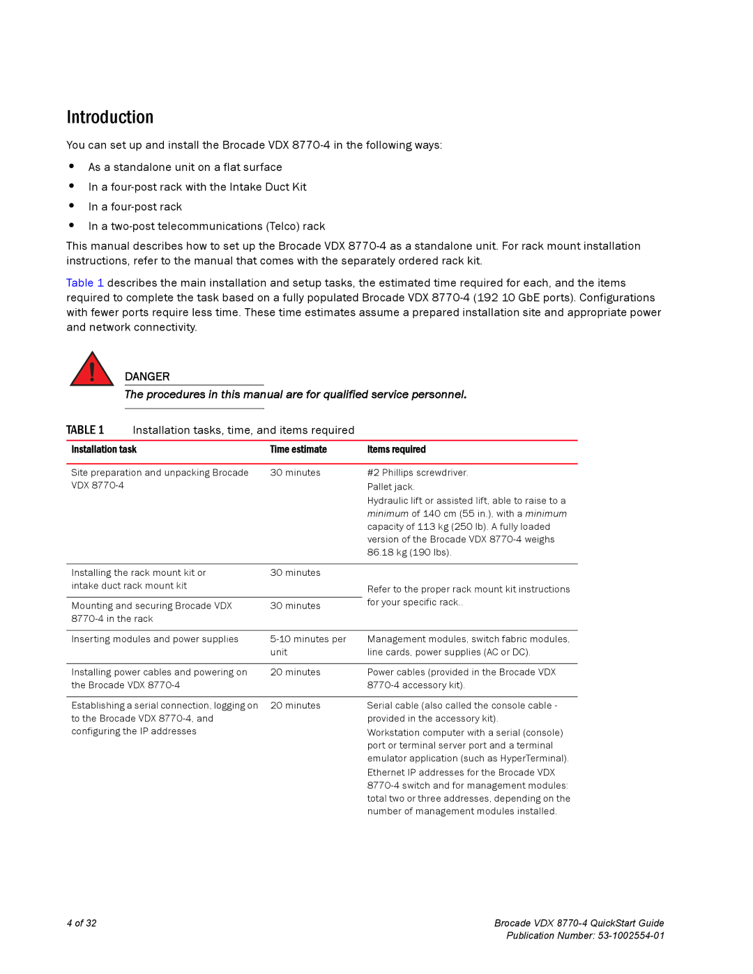 Brocade Communications Systems 8770-4 quick start Introduction, Installation tasks, time, and items required 