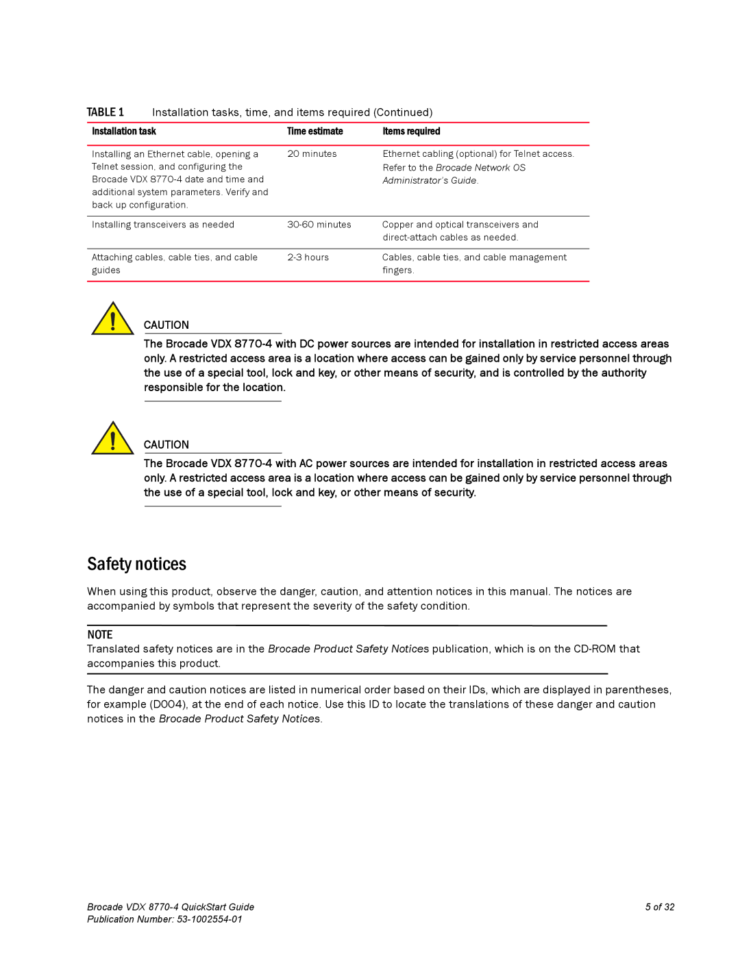 Brocade Communications Systems 8770-4 quick start Safety notices, Administrator’s Guide 