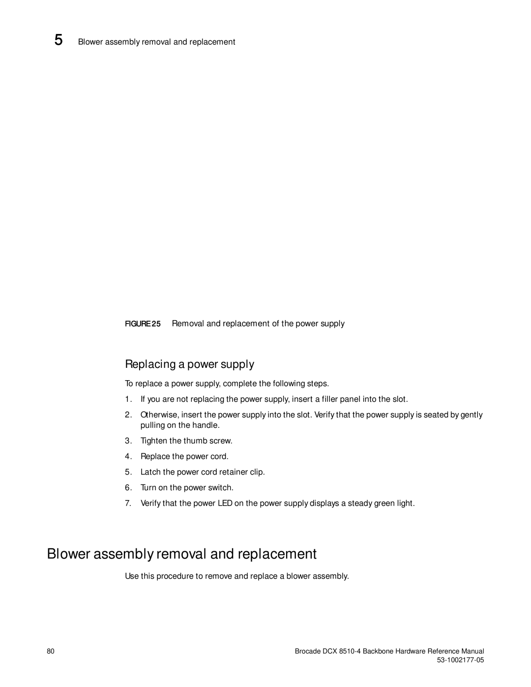 Brocade Communications Systems DCX 8510-4 manual Blower assembly removal and replacement, Replacing a power supply 