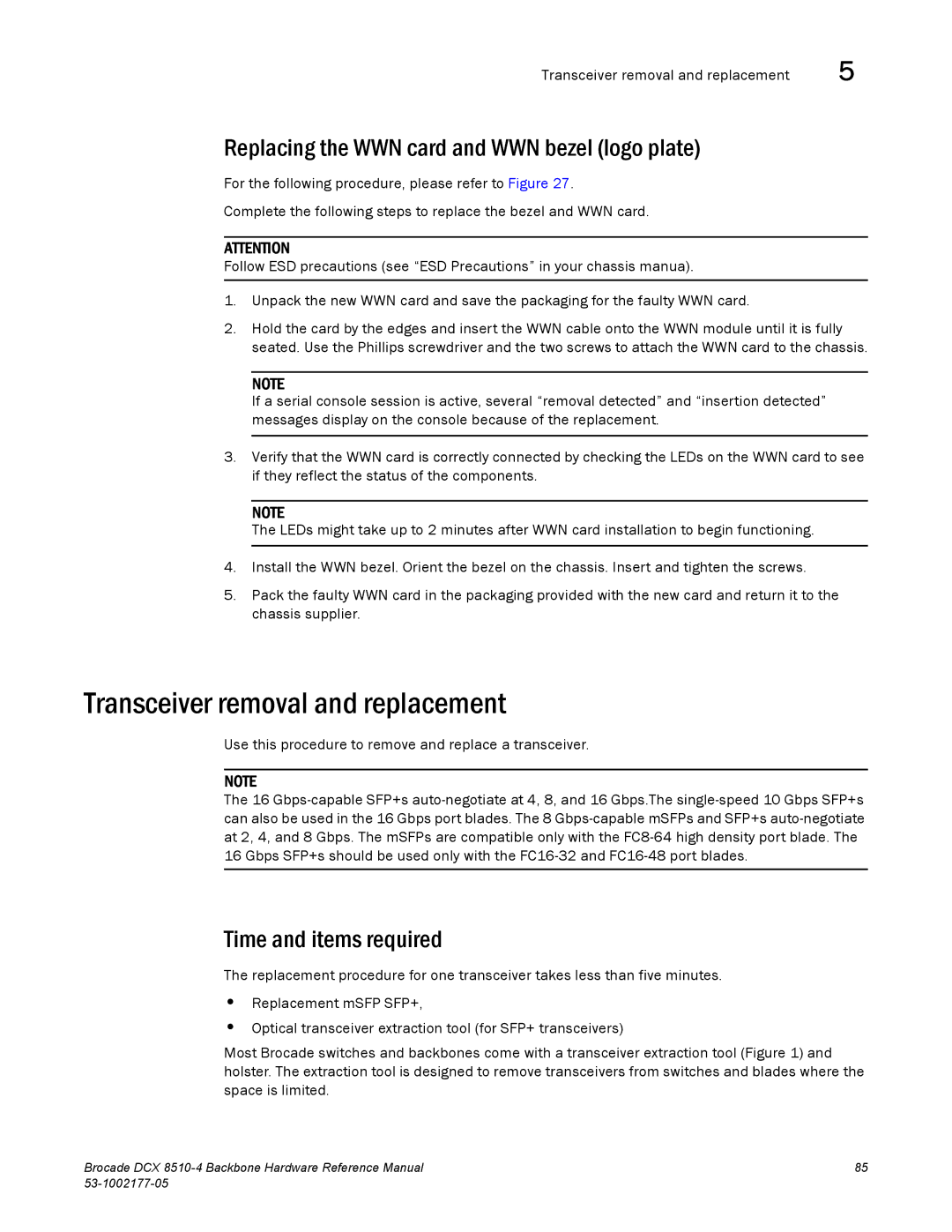 Brocade Communications Systems DCX 8510-4 manual Transceiver removal and replacement 