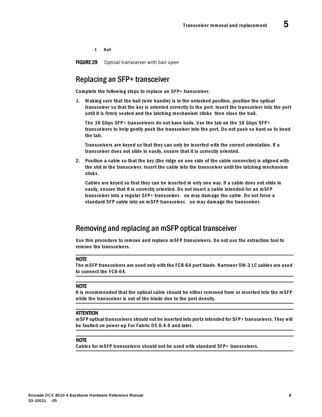 Brocade Communications Systems DCX 8510-4 manual Replacing an SFP+ transceiver 