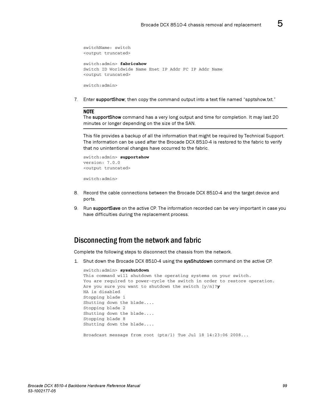 Brocade Communications Systems DCX 8510-4 manual Disconnecting from the network and fabric, Sysshutdown 