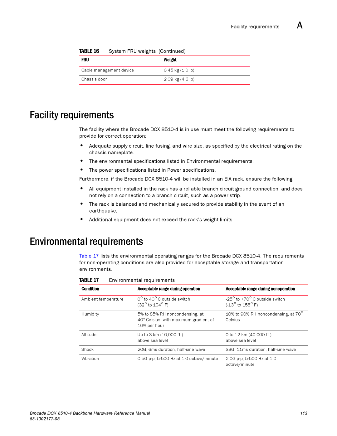 Brocade Communications Systems DCX 8510-4 manual Facility requirements, Environmental requirements 