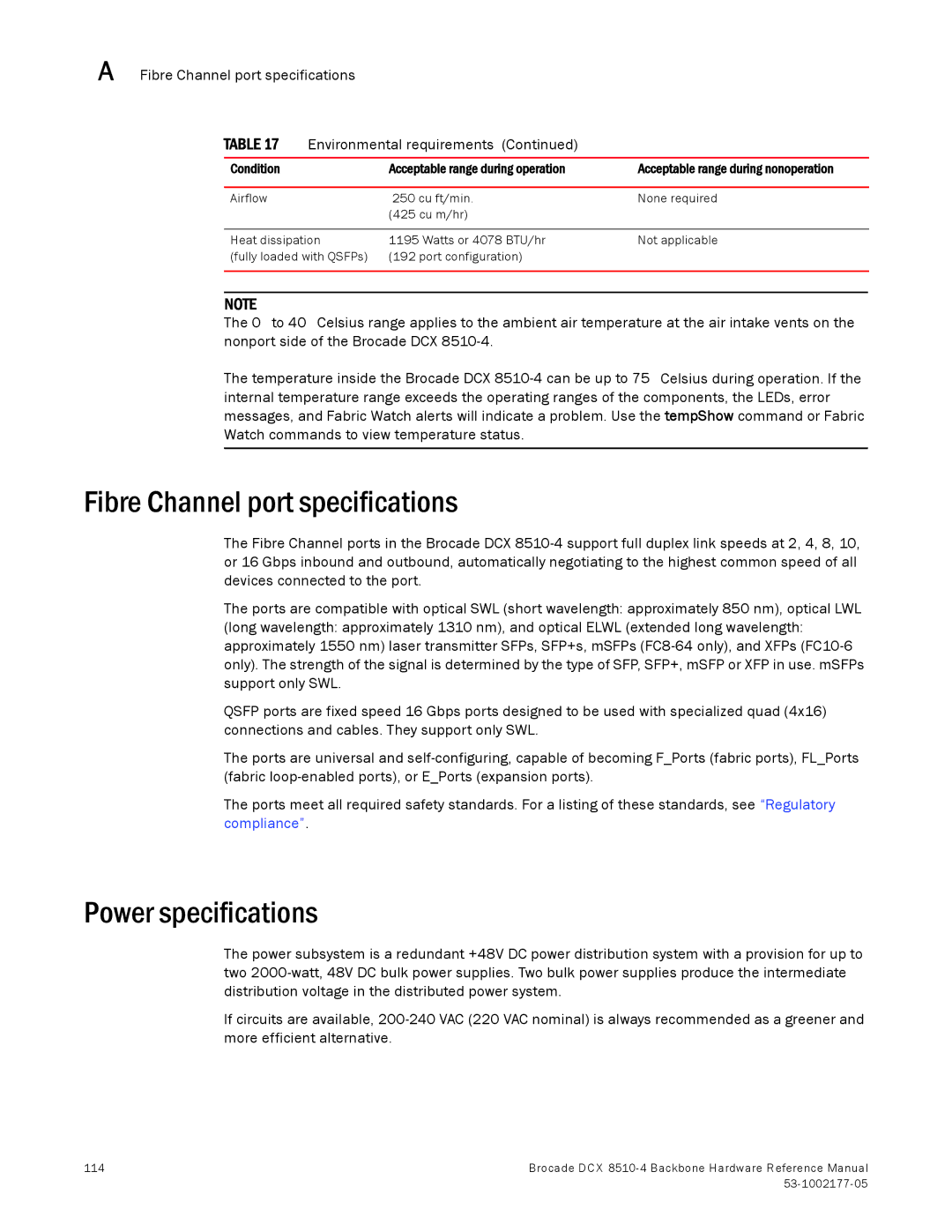 Brocade Communications Systems DCX 8510-4 manual Fibre Channel port specifications, Power specifications 