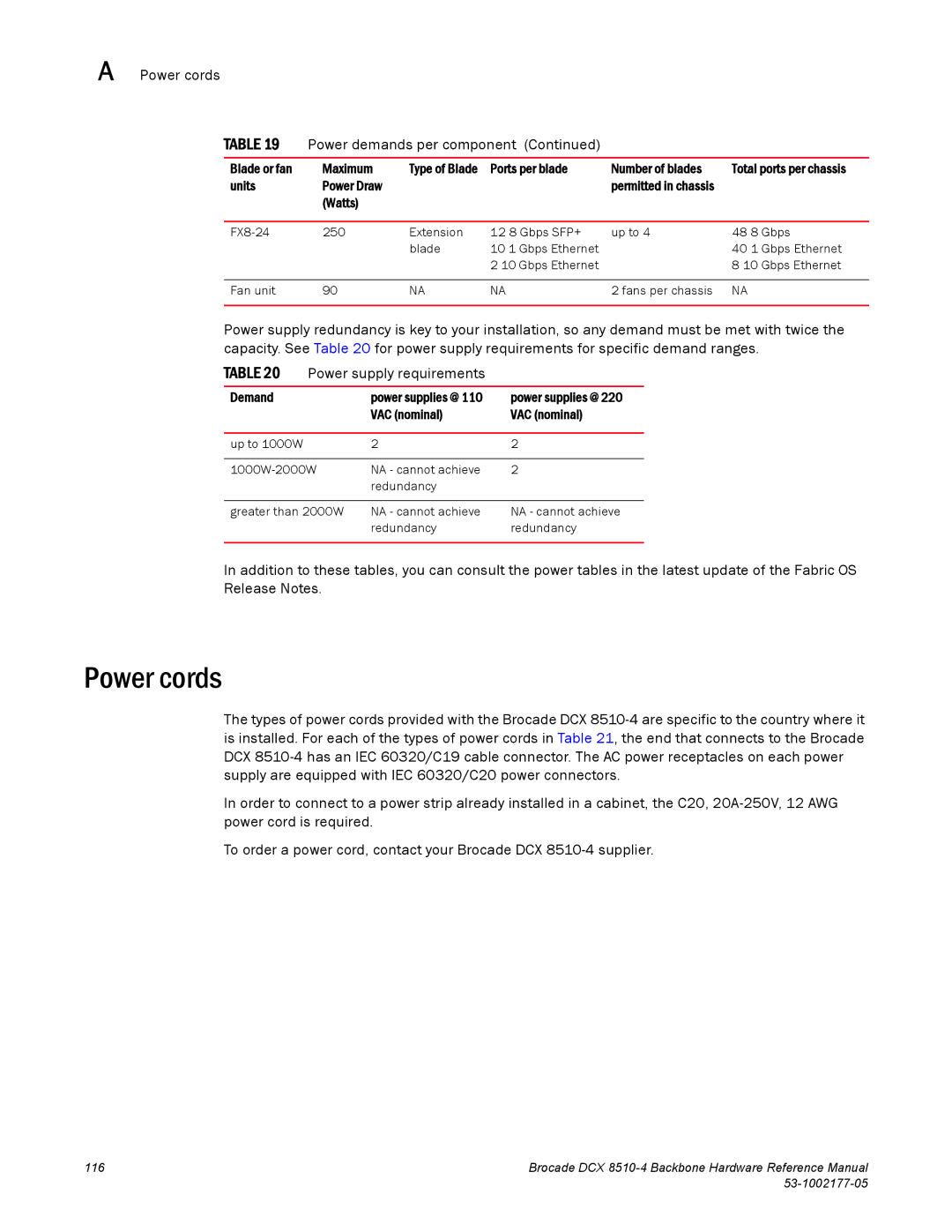 Brocade Communications Systems DCX 8510-4 manual Power cords Power demands per component, Demand, VAC nominal 